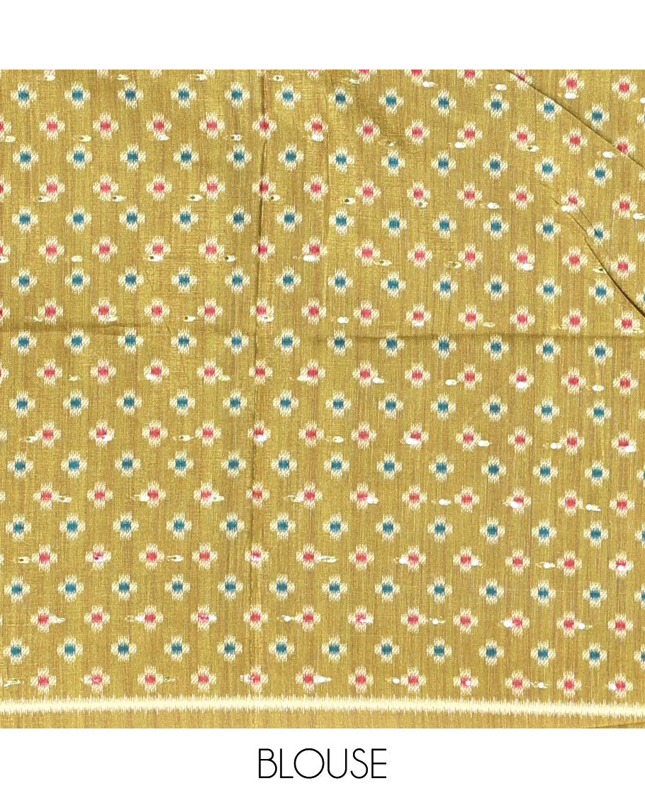 Rama green buttas & kaleidoscope color elephant motifs printed katan silk saree, contrast multi-hue temple motif border, ikkat geometric print pallu & contrast printed blouse