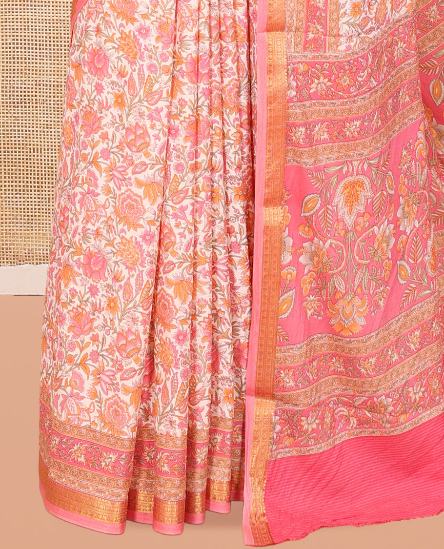 Pink Floral-Vine Printed Silk Saree, a Traditional Zari Border, Floral Pallu, a Matching Blouse