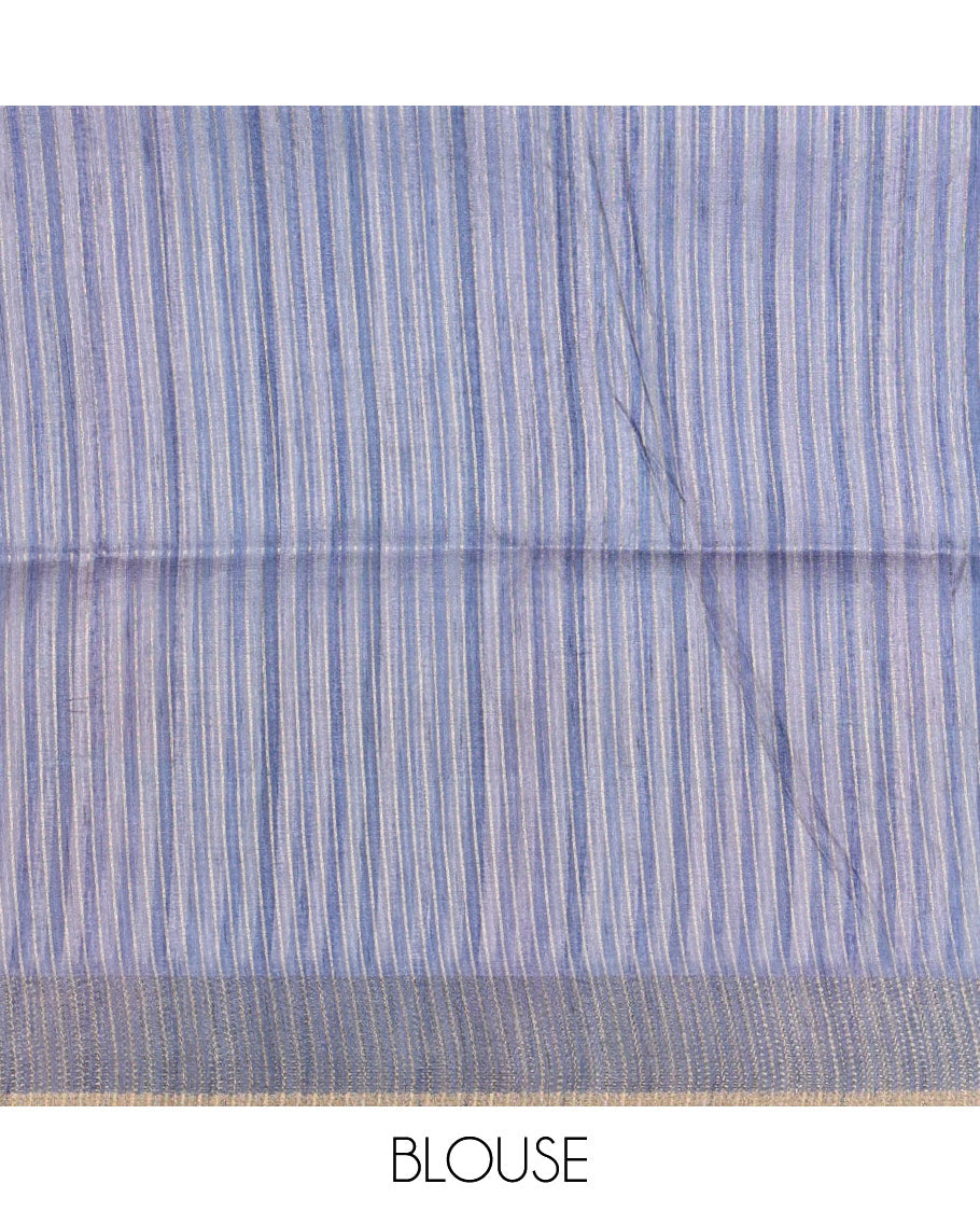 Indigo blue hand brushing-style vertical stripes printed fancy tussar silk saree, zig zag-style zari woven border, zari pallu & striped blouse
