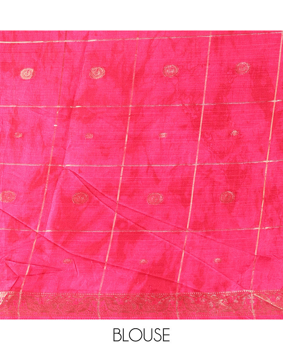 Orange buttas enclosed checked dola silk saree, contrast shibori print with traditional zari border, buttas enclosed checked pallu, and a contrast buttas enclosed checked blouse