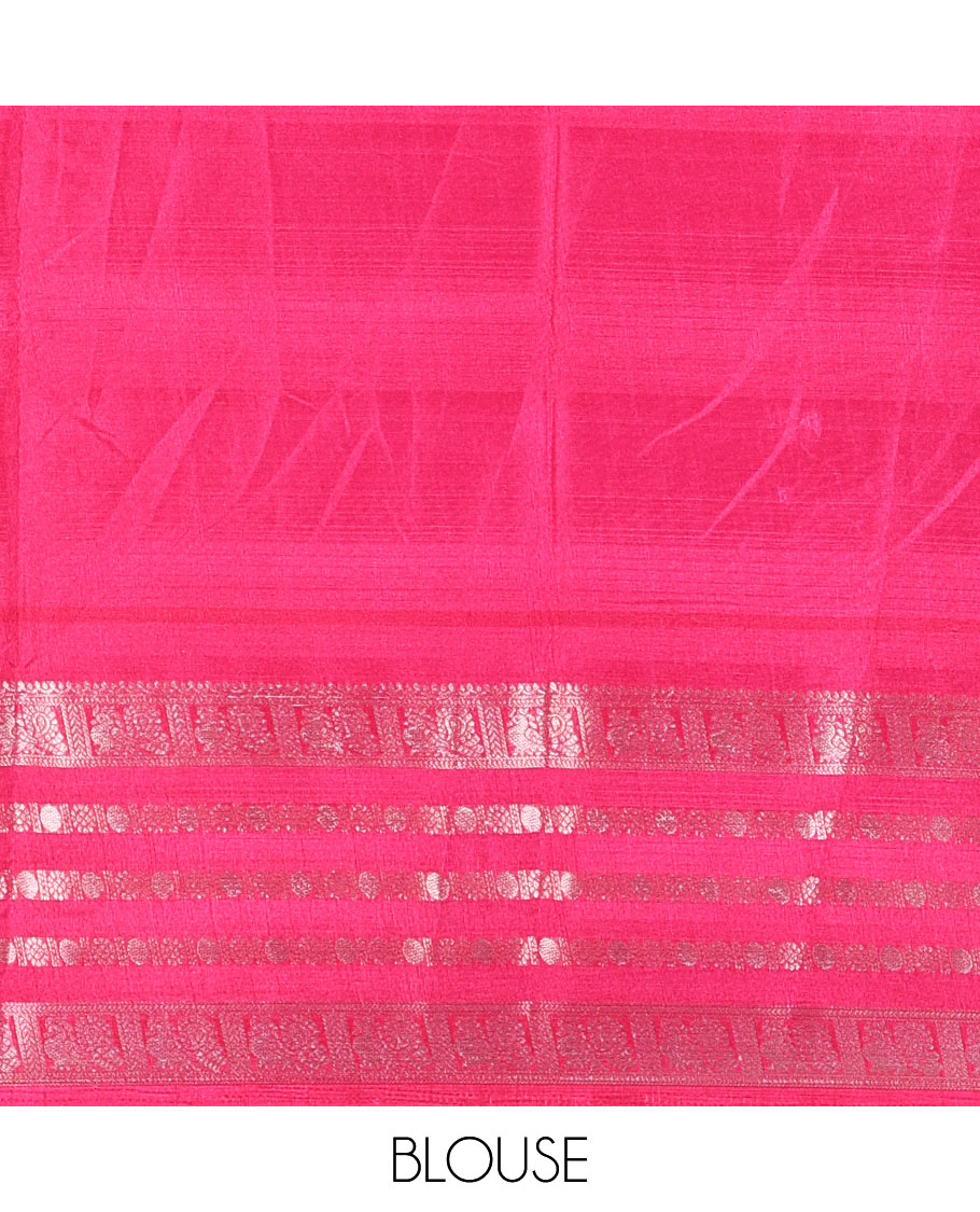 Pink leaf motifs printed dola silk saree, contrast traditional zari border of Rudraksham and peacock motifs, geometric printed pallu and contrast printed blouse