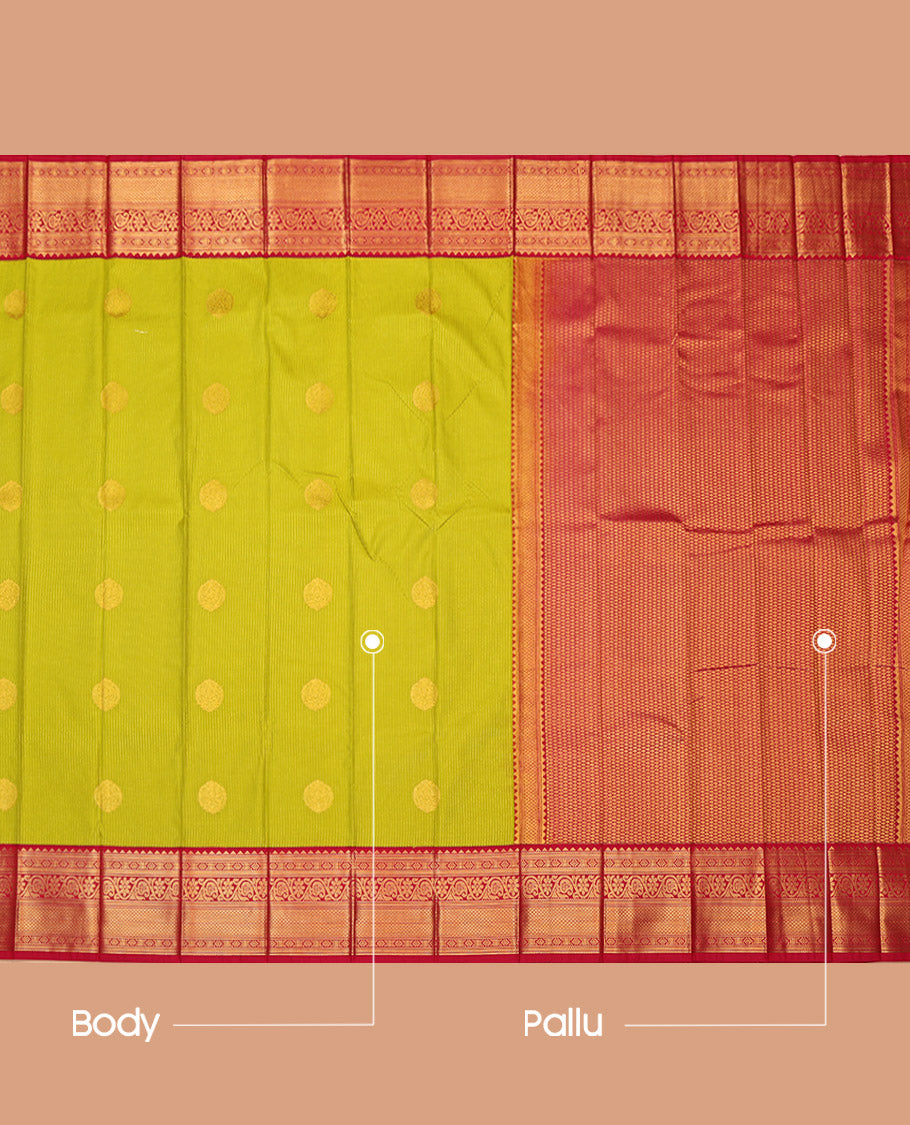 Green Budget Silk Saree, Gleamed Up with Zari Buttas and Stripes on Its Body, Complemented by a Contrast Traditional Zari Design Border, Pallu of Jaal Designs, and Paired with a Contrast Blouse