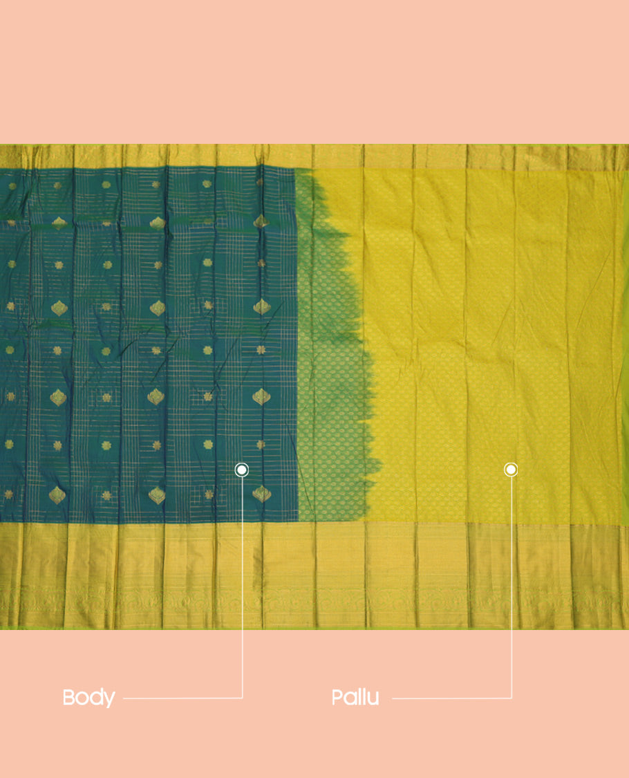 Peacock Blue Budget Silk Saree, Adorned with Zari Buttas Enclosed Checks, a Contrast Traditional Zari Border, Grand Pallu, and a Contrast Blouse