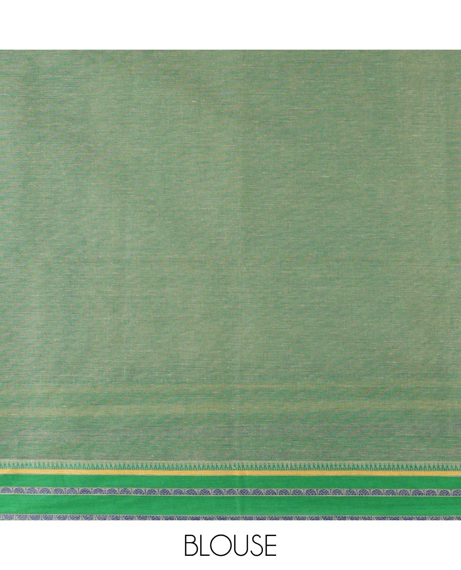 Chikku and green flora-fauna motifs thread embroidered Mangalagiri cotton saree, contrast traditional thread border, striped pallu, and contrast traditional border blouse