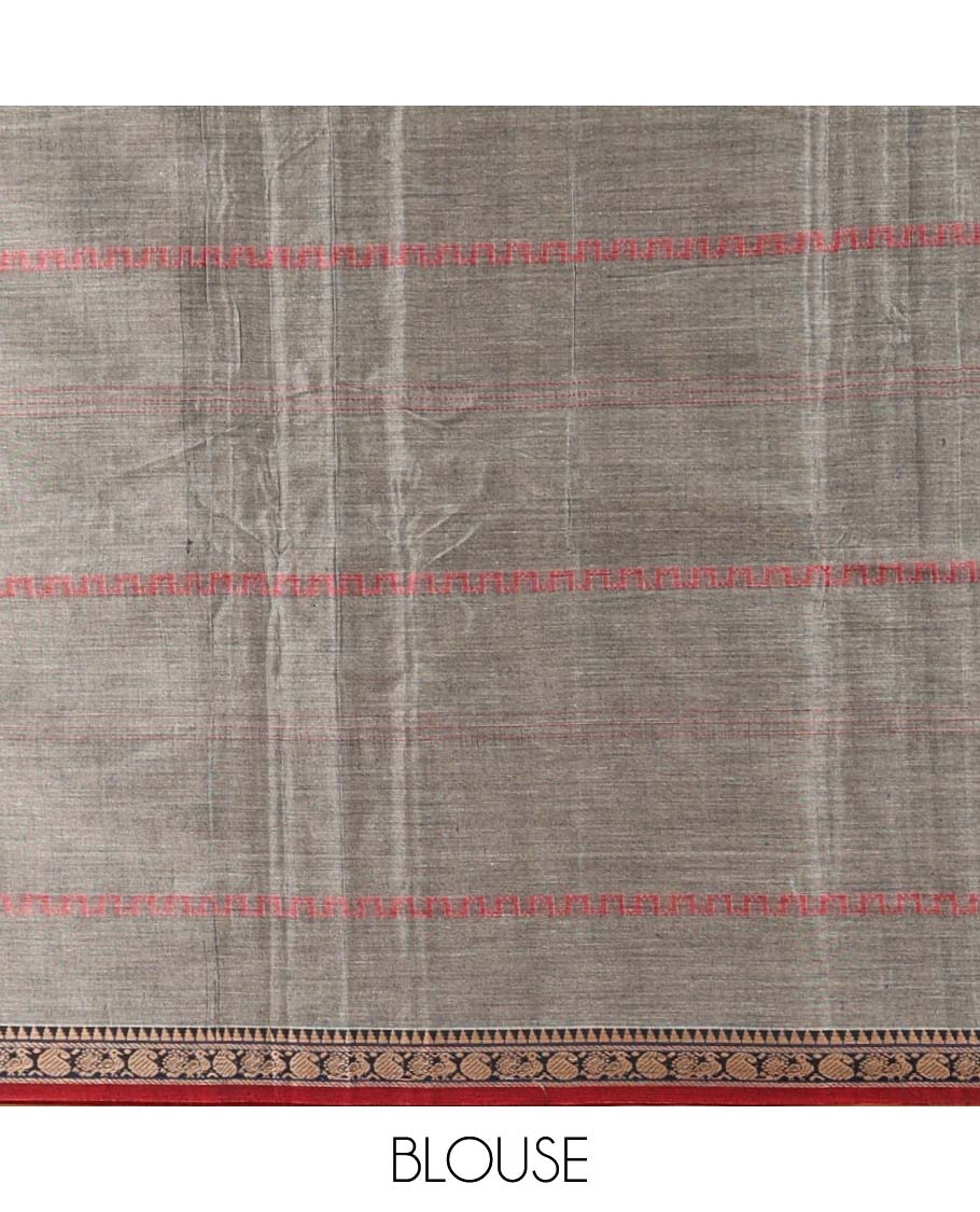 Grey Striped Narayanapet cotton saree, contrast traditional design border & striped pallu