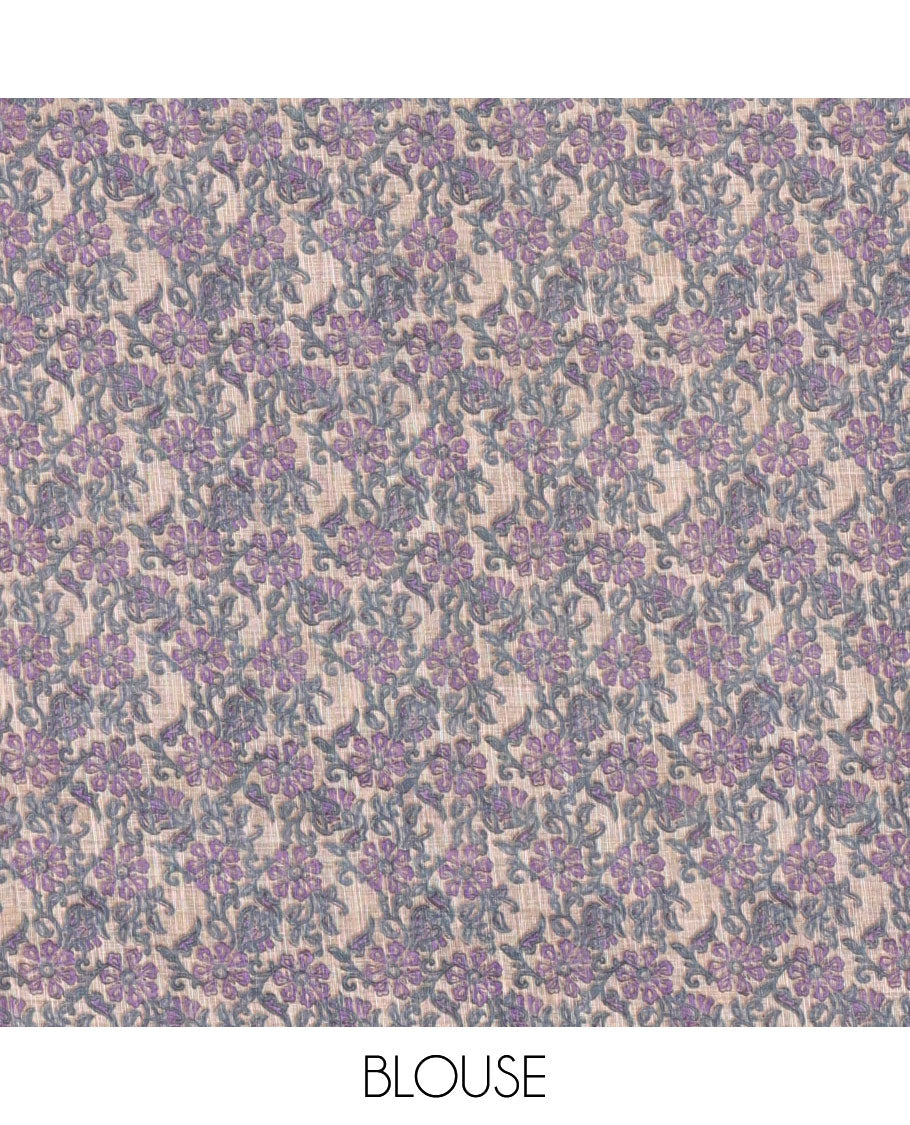 Borderless lavender printed linen cotton saree, hand brush painting style floral vine printed pallu, and contrast floral printed blouse