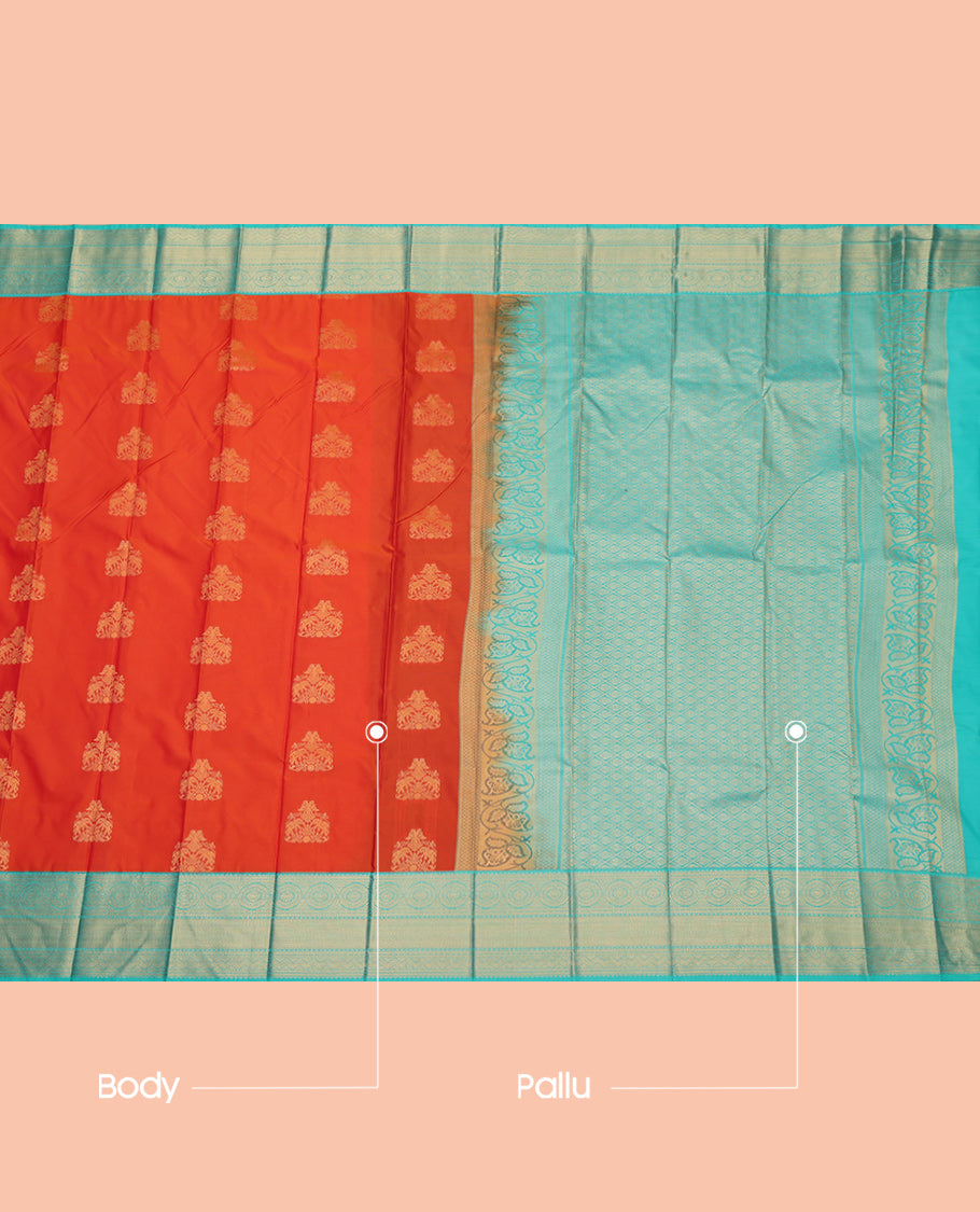 Orange Budget Silk Saree, Mesmerized with Zari Buttas, a Contrast Traditional Zari Border, Intricate Pallu, and a Contrast Blouse