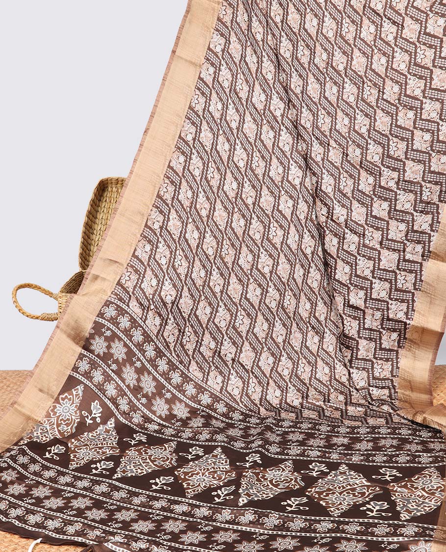 Brown argyle design semi-banaras printed saree with contrast zari border & floral motifs pallu