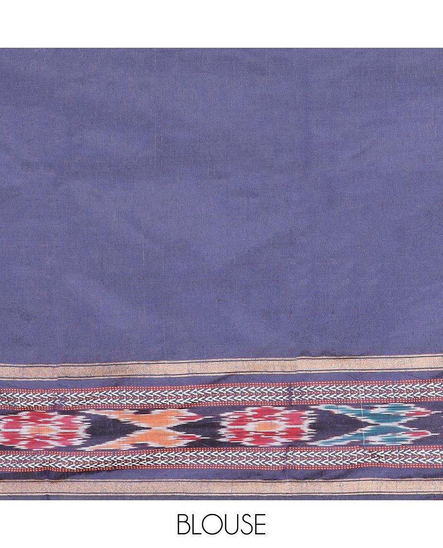 Orange Plain Dupion Silk Saree, Adorned with a Contrast Temple Border of Geometric Patterns and Ikkat Weave, Pallu Depicting Floral Ikkat Designs, and Paired with a Contrast Blouse