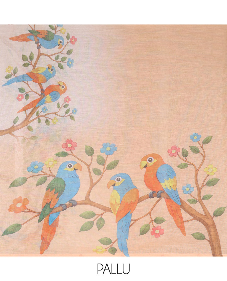 Orange Linen Saree, Artfully Detailed with Colorful Tree and Macaw Parrot Motifs Printed on Its Body, Subtle Zari Border, Pallu of the Same Tree and Macaw Parrot Motifs Printed, and Comes with a Matching Blouse