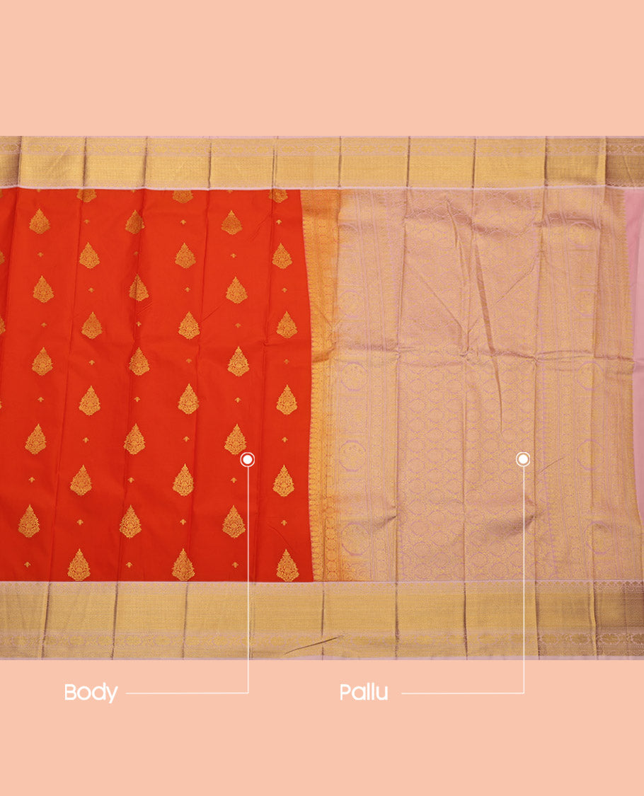 Orange Budget Silk Saree, Decked up with Zari Buttas, Complemented by Contrast Traditional Zari Border, Gleaming Zari Pallu and a Contrast Blouse