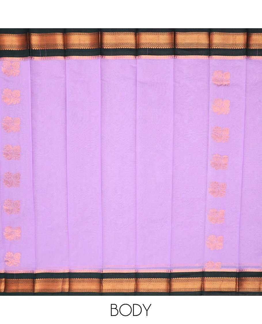 Lavender motifs kora cotton saree with intricate zari design border & leaf zari design pallu