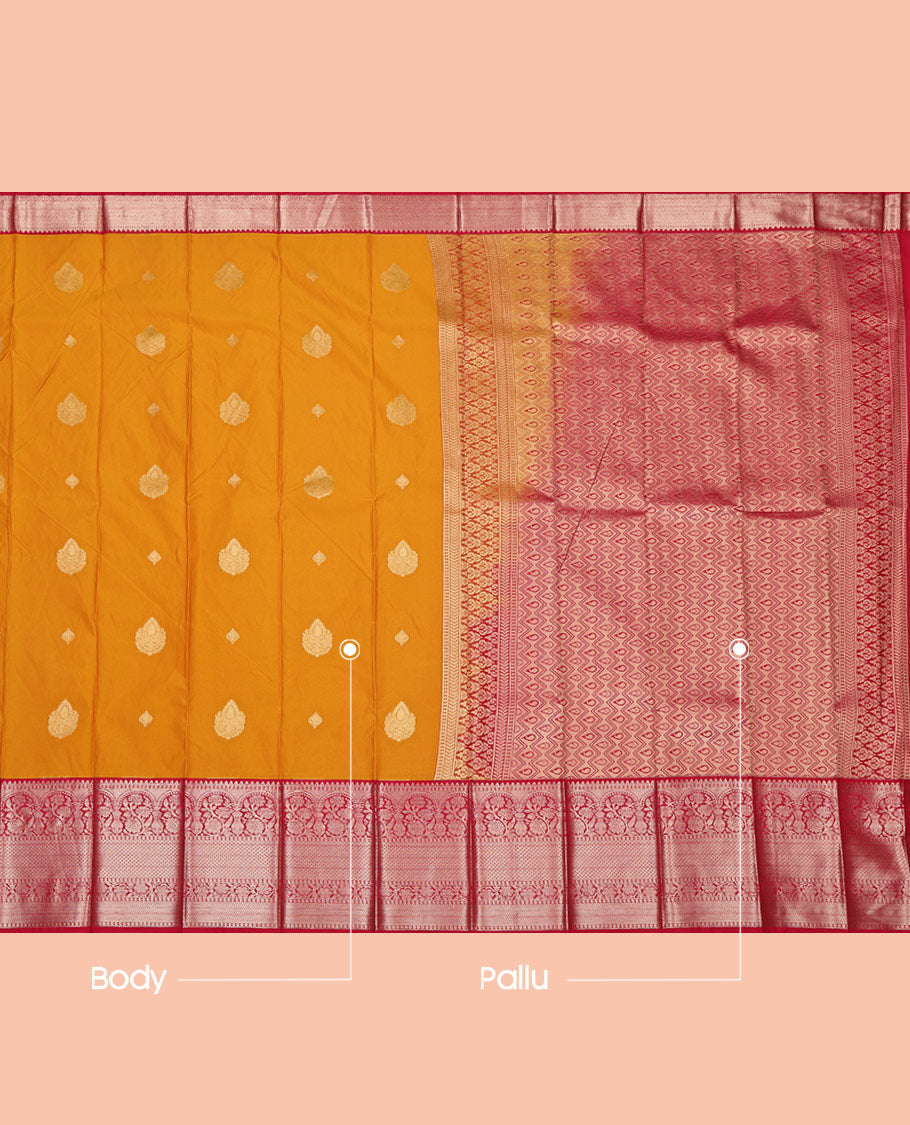 Orange Budget Silk Saree, Mesmerized with Zari Buttas on Its Body, Complemented by a Contrast Traditional Zari Design Border, Grand Pallu, and Paired with a Contrast Blouse