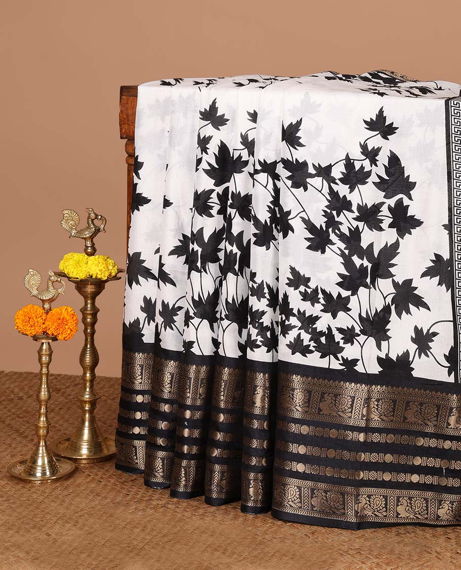 White with black leaf printed dola silk saree with annam, rudraksh design border & plain blouse