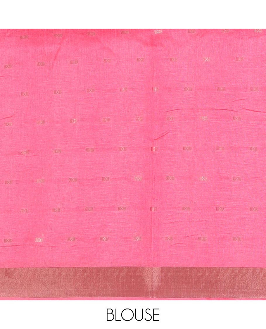 Half-white floral printed spun cotton saree, contrast bavanji border of Radha motifs print, position printed pallu & contrast zari buttas blouse