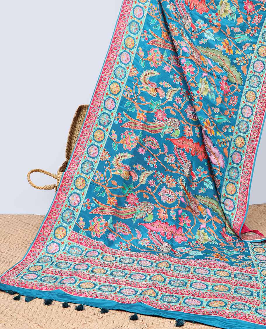 Blue floral vine design semi-banaras dola silk saree with contrast border & intricate design pallu