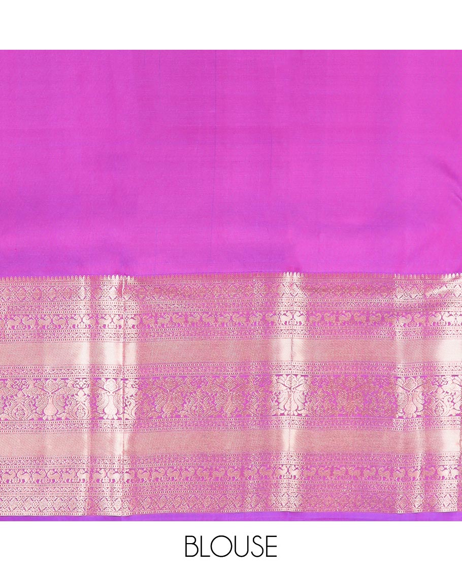 Purple floral jaal design kancheepuram silk saree with self border of thilakam mokku, muthu, banaras design & zari design pallu