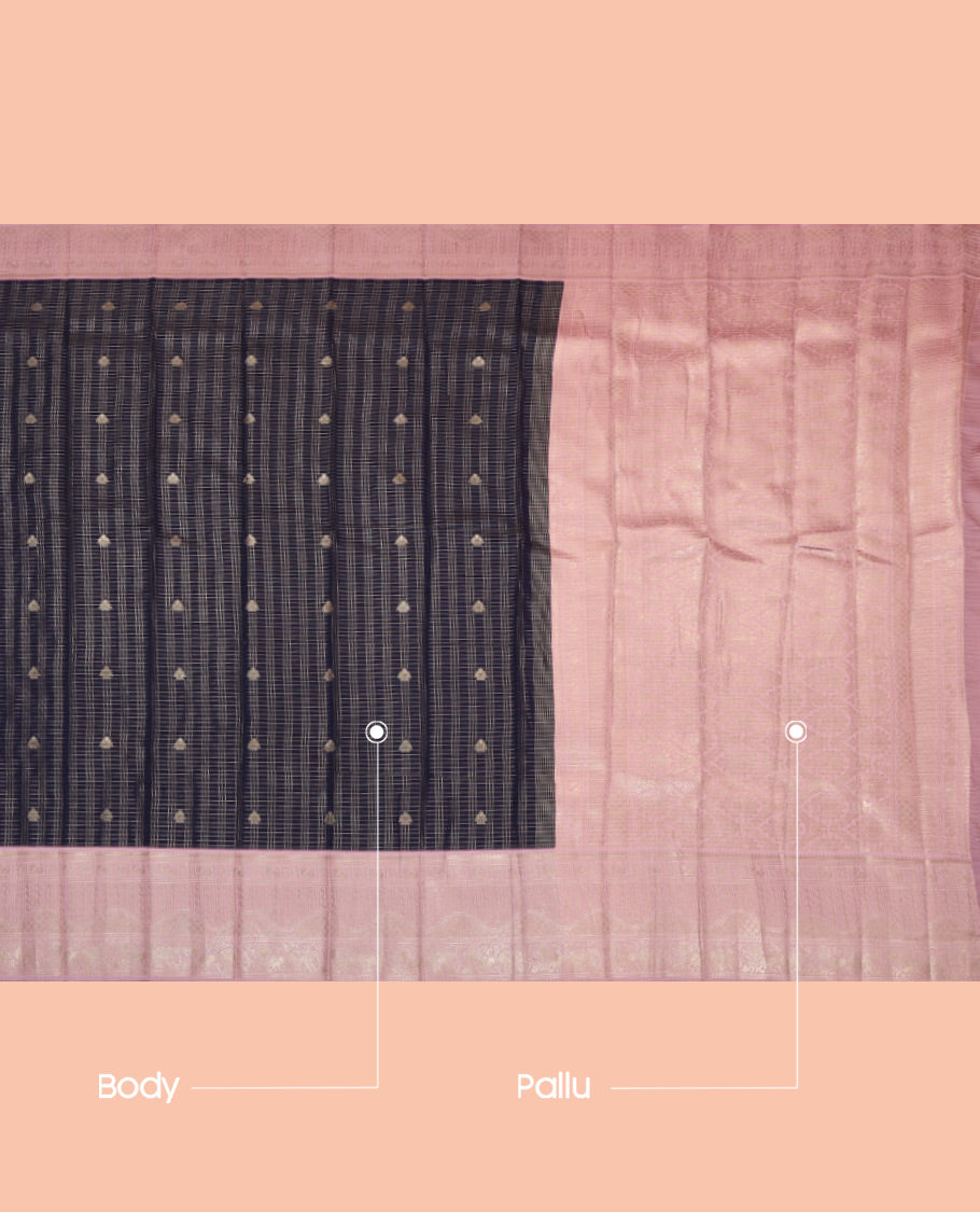 Blue Litchi Saree, Enriched with Zari Buttas and Checks, a Contrast Traditional Zari Border, a Grand Pallu, and a Contrast Blouse