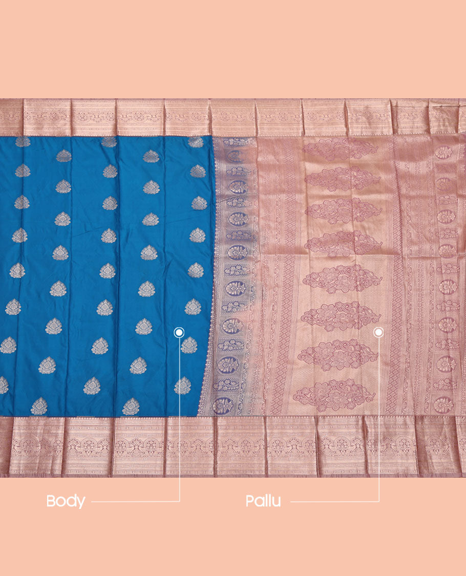 Blue Budget Silk Saree, Accentuated with Zari Buttas, Complemented by a Contrast Traditional Zari Border, Pallu of Intricate Designs, and a Contrast Blouse