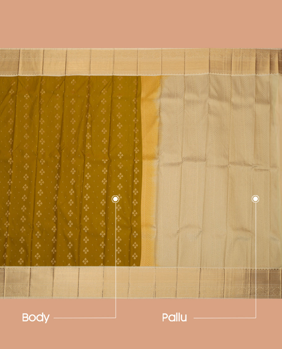 Green Budget Silk Saree, Styled with Zari Buttas , Complemented by a Contrast Traditional Zari Border, Grand Pallu, and Contrast Blouse