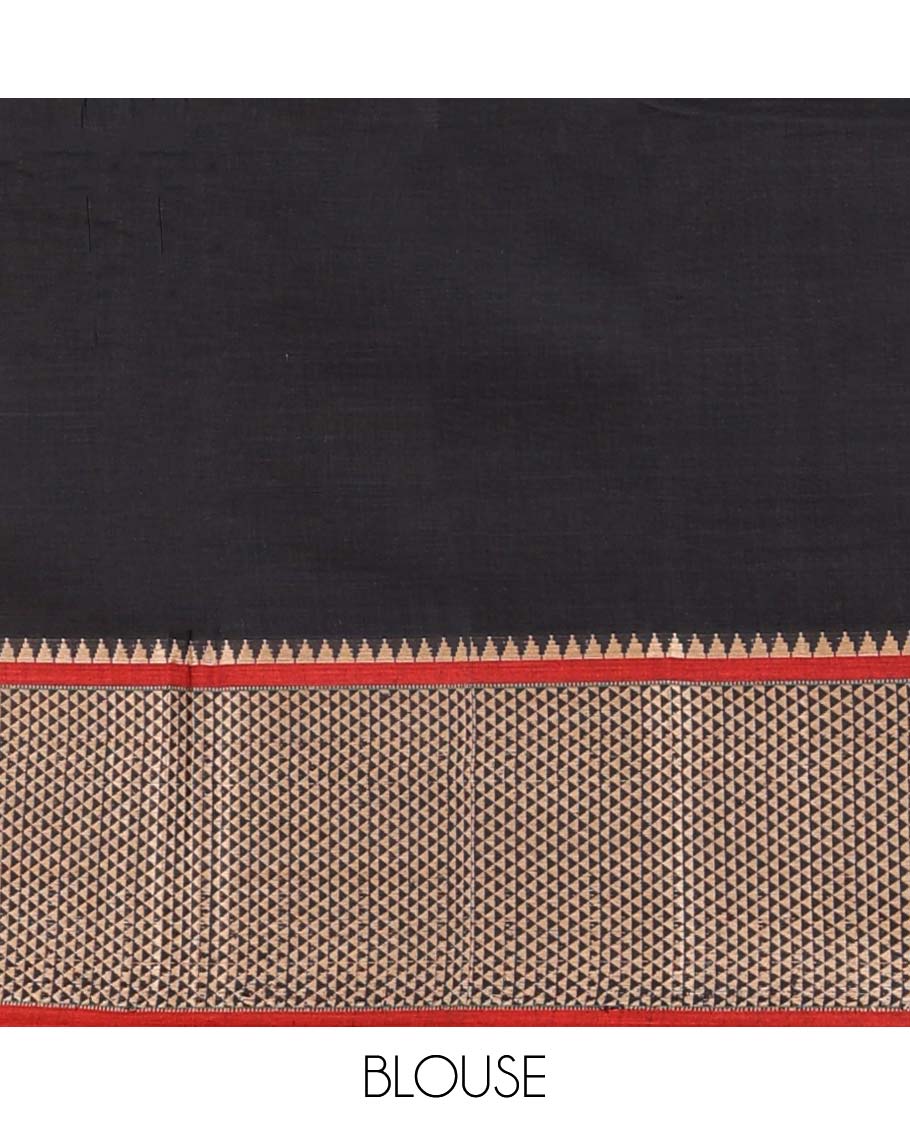 Black plain design Narayanapet cotton saree, contrast traditional design border & striped pallu