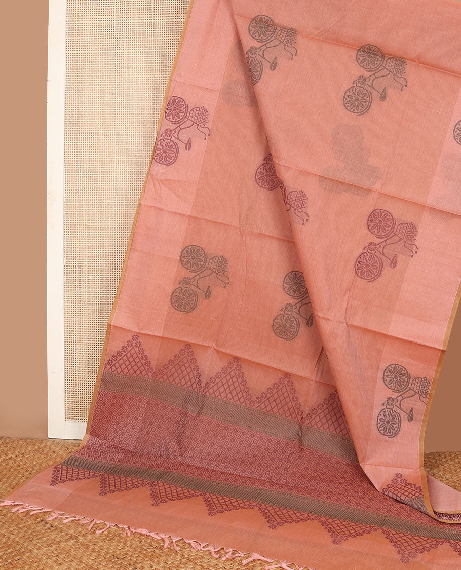 Peach Combatiore cotton saree with flower basket cycle buttas, flower basket cycle design border & jaal pallu