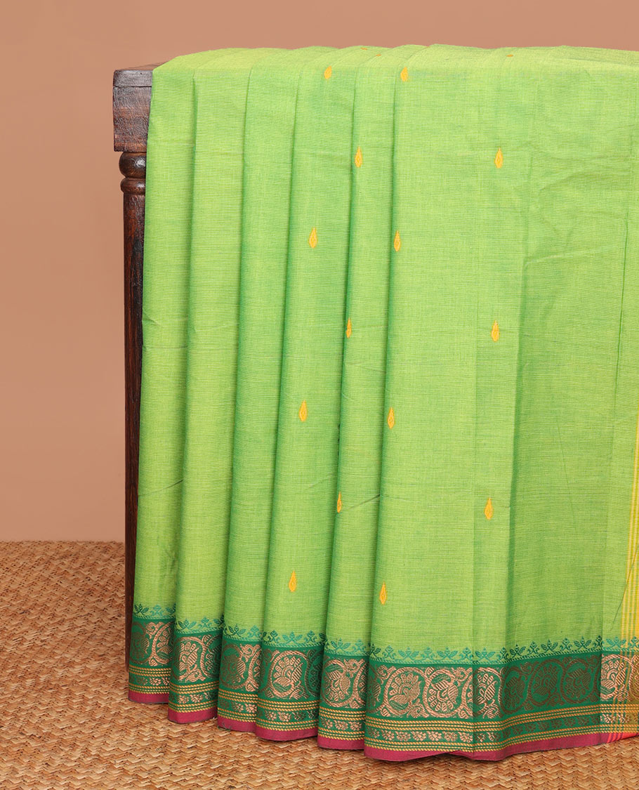 Parrot green buttas Chettinad cotton saree, contrast floral creeper zari design border & pallu of stripes