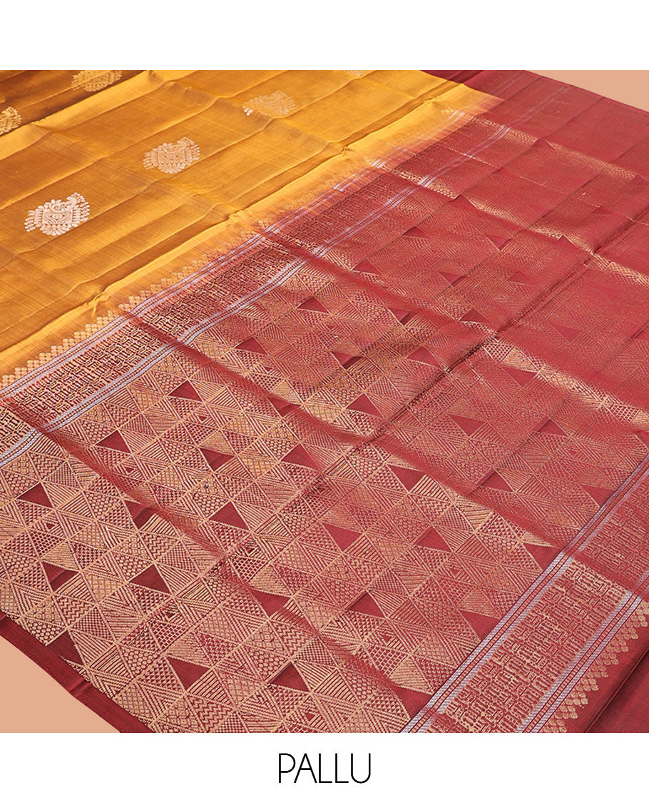 Yellow Mayuri Lite Silk Mix Saree, Adorned with Zari Buttas on Its Body, Complemented by a Contrast Border of Unique Designs, Geometric Patterns Pallu, and Paired with a Contrast Blouse