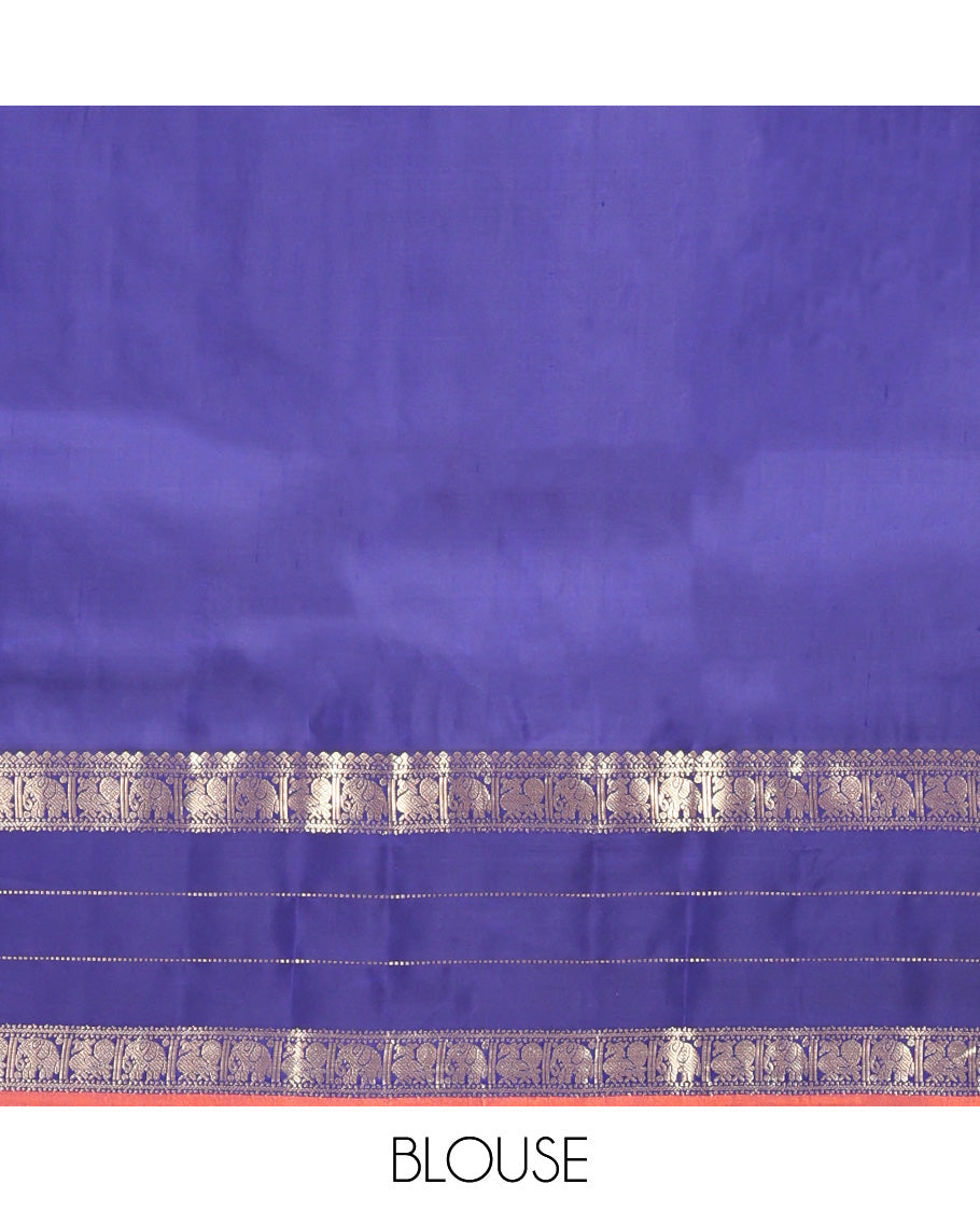 Pink Vasundhara Silk Saree, Enthralled with Iruthalai Pakshi Buttas, Complemented by a Contrast Border of Muthu, Mayil, and Yaanai Designs, Grand Pallu, and Contrast Blouse