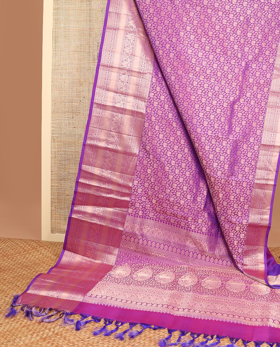 Purple floral jaal design kancheepuram silk saree with self border of thilakam mokku, muthu, banaras design & zari design pallu