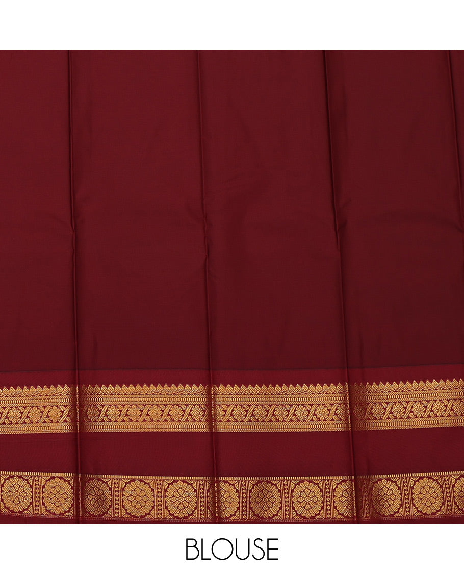 Green Budget Silk Saree, Showcasing Zari Buttas All Over Its Body, Complemented by a Contrast Traditional Zari Design Rettai Pettu Border, Grand Pallu, and Paired with a Contrast Blouse
