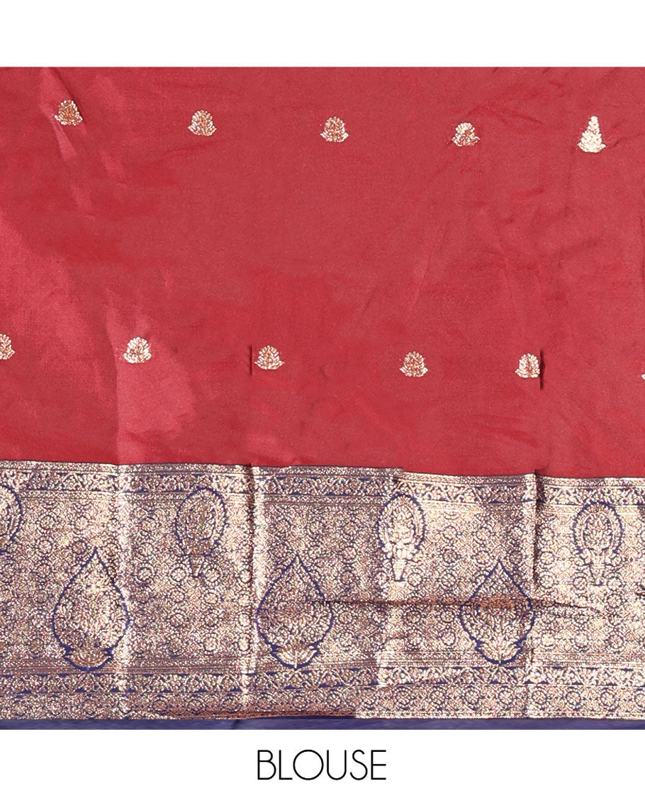 Maroon and Navy Blue Semi-Banarasi Half-Saree, Adorned with Zari Buttas on Its Skirt, Complemented by a Contrast Intricately Zari-Designed Border, Paired with a Matching Blouse, and a Contrast Satin Georgette Embroidered Scallop Dhavani