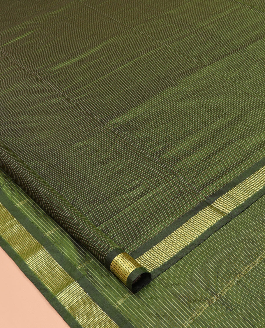 Green Checked Ten Yard Saree, a Zari Border, Striped Pallu, and No Blouse
