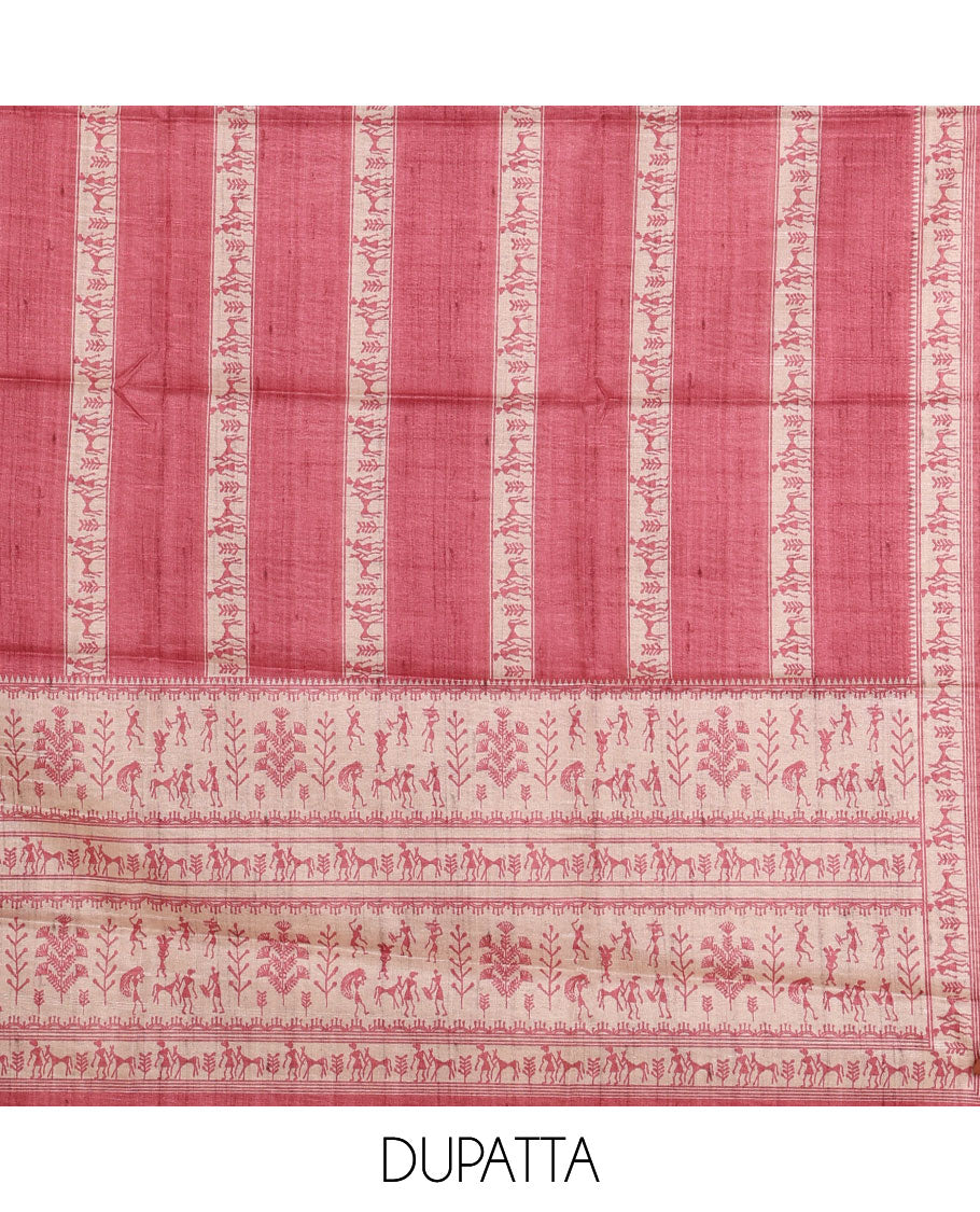Chikku-base semi-tussar material chudidar set, floral & warli motifs top, contrast onion pink plain bottom & warli motifs steeped dupatta