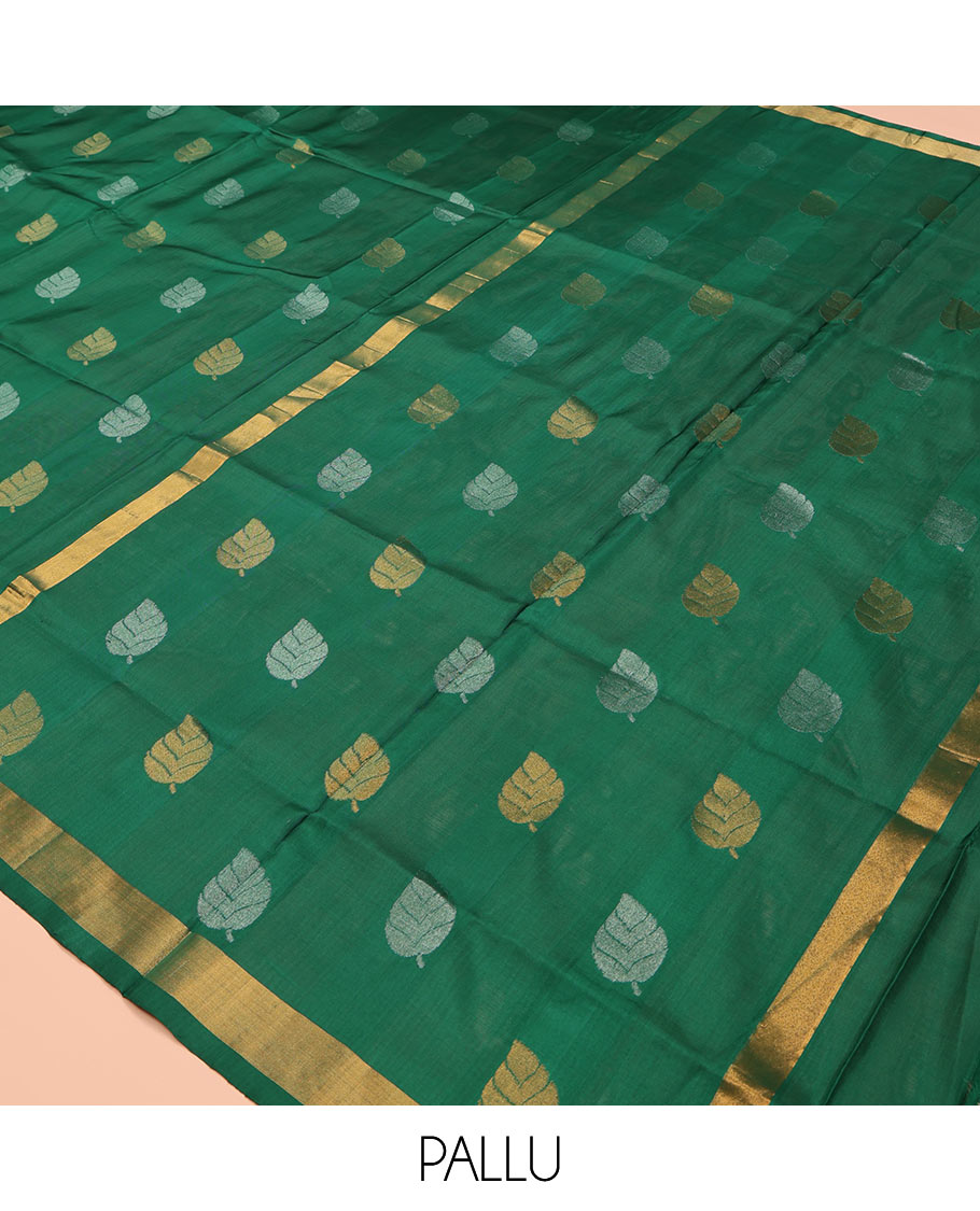 Green Uppada Silk Saree, Subtly Sparkled with Leaf Zari Buttas All Over Its Body, Subtle Bavanji Border, Pallu Steeped with Leaf Buttas, and Paired with a Matching Blouse