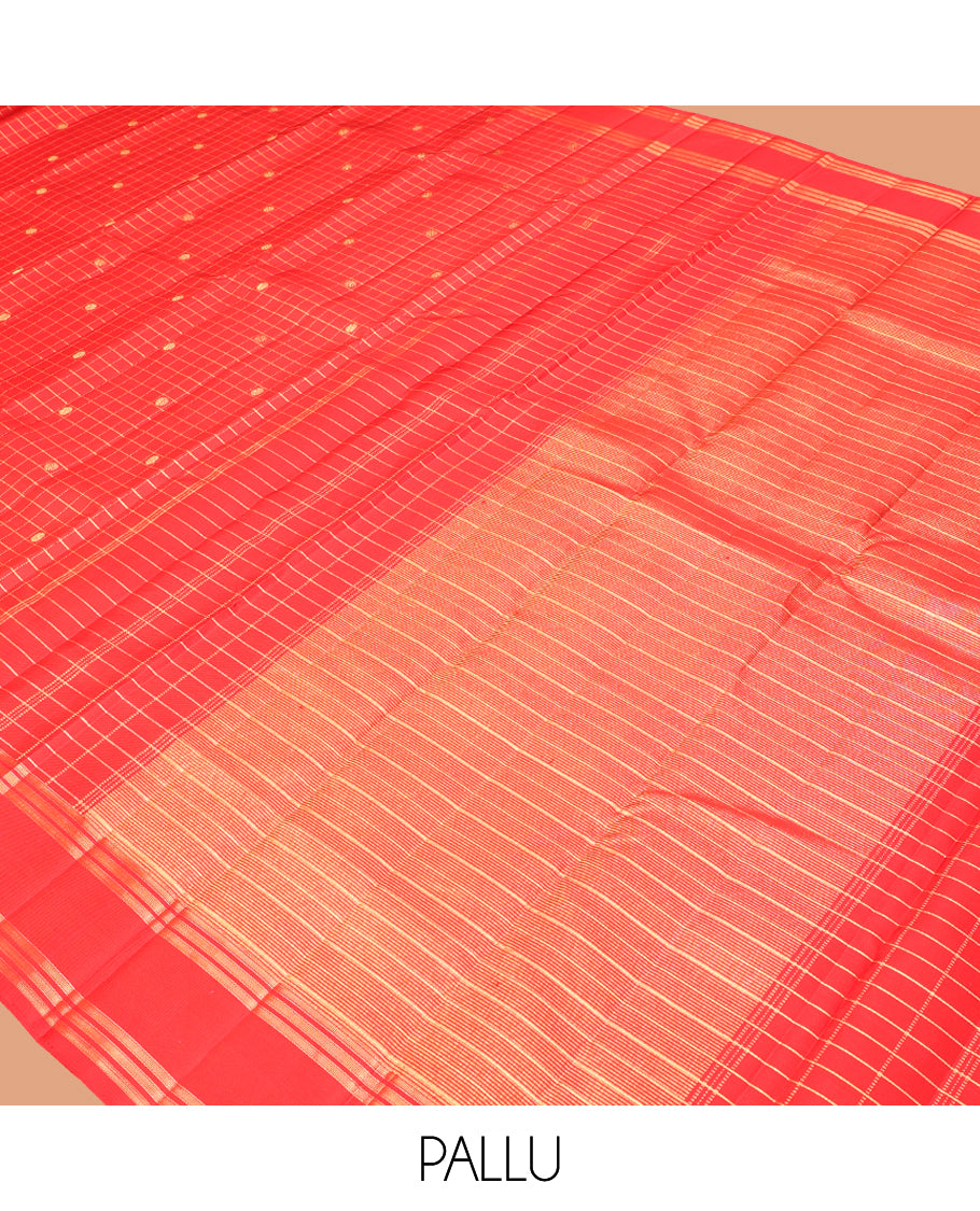 Red Check-Buttas Kanchipuram Silk Saree, Highlighted by a Zari Border, Grand Pallu, and a Matching Blouse