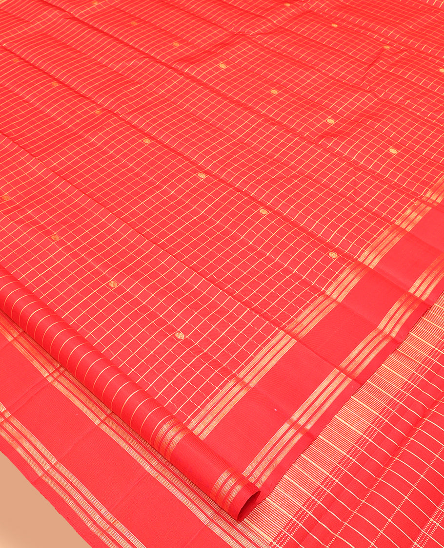 Red Check-Buttas Kanchipuram Silk Saree, Highlighted by a Zari Border, Grand Pallu, and a Matching Blouse