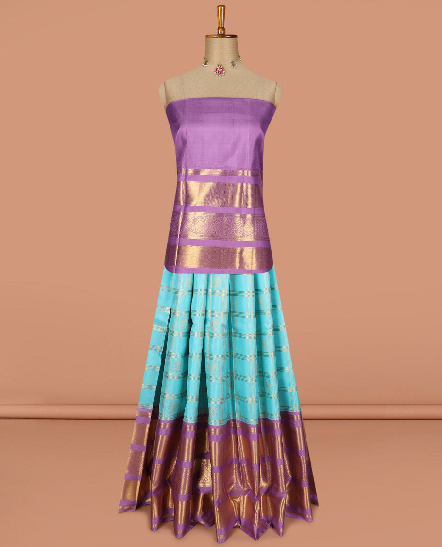 Blue puresilk halfsaree, yaanai and mayil butta enclosed checked skirt, contrast blouse and border of traditional designs in zari, and zari design dhavani