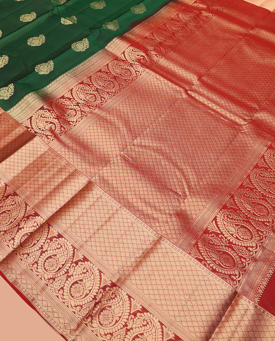 Green zari buttas Vasundhara silk mix saree, contrast border of jaal and manga designs, and zari-rich jaal pallu