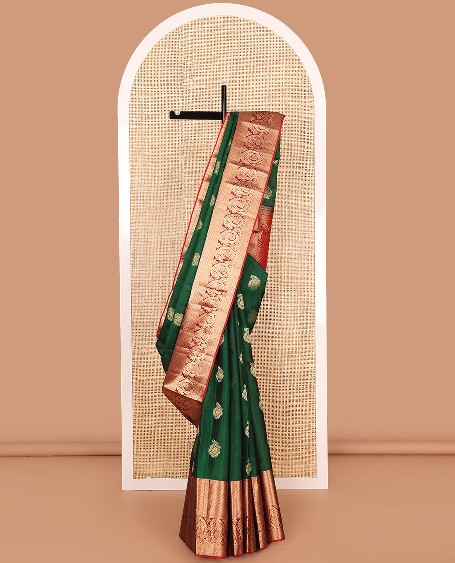 Green zari buttas Vasundhara silk mix saree, contrast border of jaal and manga designs, and zari-rich jaal pallu