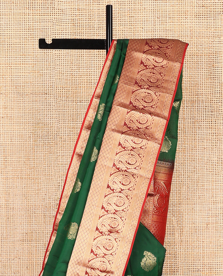 Green zari buttas Vasundhara silk mix saree, contrast border of jaal and manga designs, and zari-rich jaal pallu