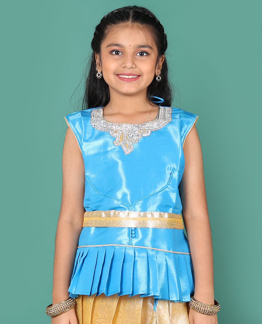 Yellow readymade art silk pavadai, jacquard skirt, & jacquard embroidered round neck sleeveless blouse with contrast zari work belt