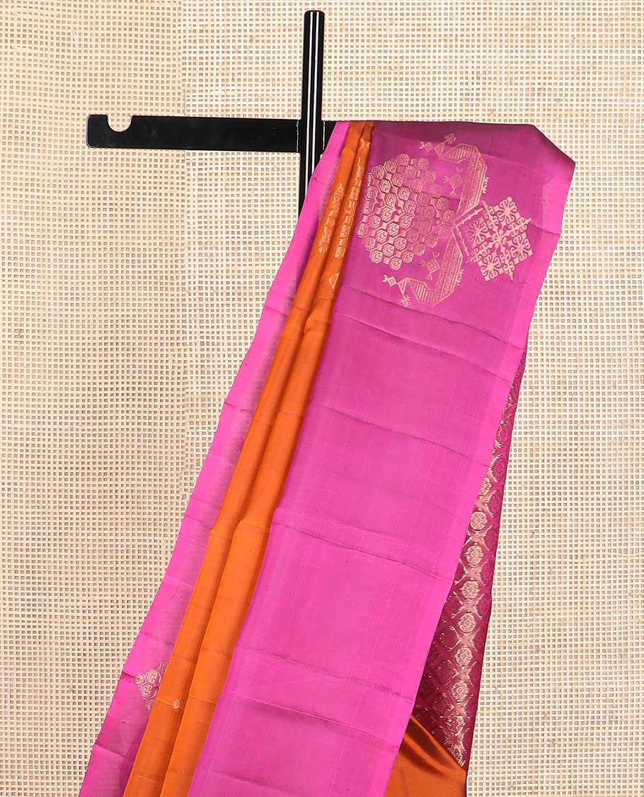 Orange zari buttas silk mix saree, contrast peacock design border & pallu of jaal designs