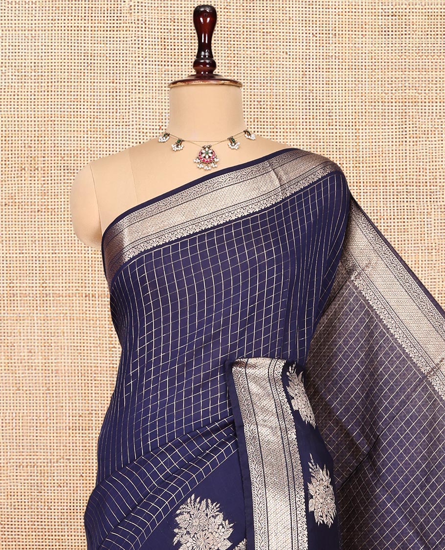 Blue Assam Silk Saree, Subtly Enriched with Zari Stripes, Highlighted by a Zari Traditional Border, Zari-Striped Pallu, and a Matching Blouse