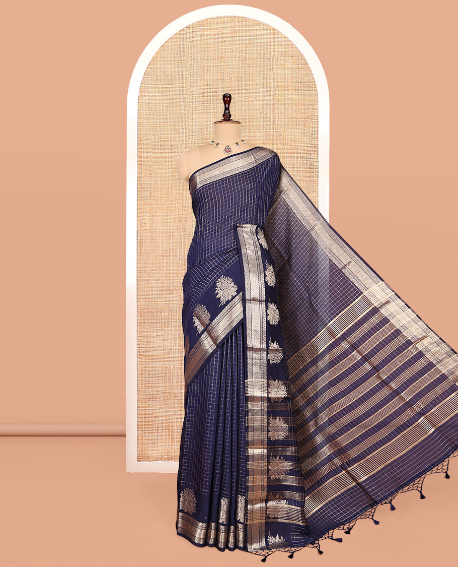 Blue Assam Silk Saree, Subtly Enriched with Zari Stripes, Highlighted by a Zari Traditional Border, Zari-Striped Pallu, and a Matching Blouse