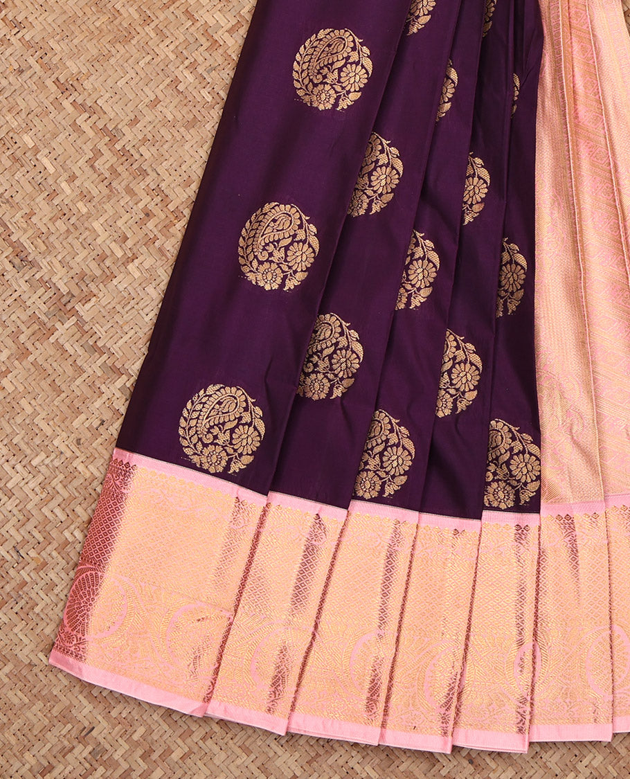 Purple Budget Silk Saree, Gleamed Up with Zari Buttas, Complemented by a Contrast Traditional Border, Grand Pallu, and a Contrast Blouse