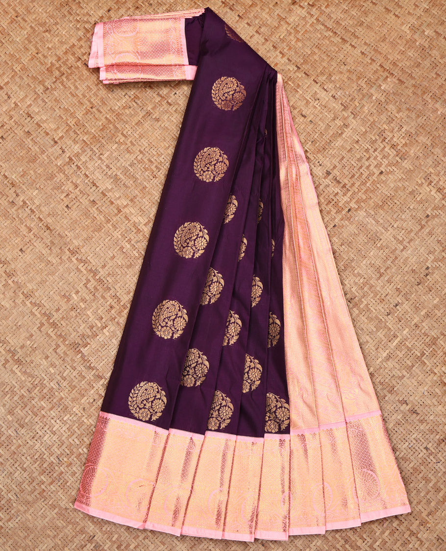Purple Budget Silk Saree, Gleamed Up with Zari Buttas, Complemented by a Contrast Traditional Border, Grand Pallu, and a Contrast Blouse