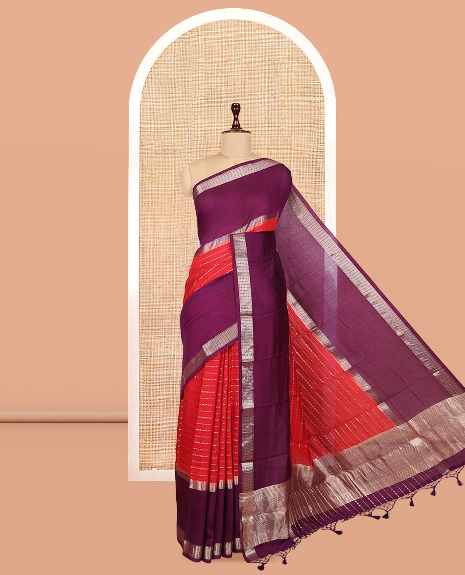 Red Assam Silk Saree, Embellished with Zari Stripes, Complemented by Contrast Big Zari Border, Zari Woven Pallu, and Contrast Blouse