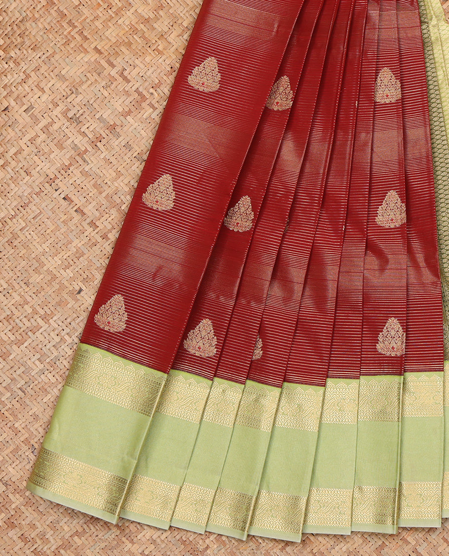 Maroon Budget Silk Saree, Crafted with Zari Buttas and Stripes, Complemented by a Contrast Traditional Rettai Pettu Zari Border, Grand Jaal Pallu, and Contrast Blouse