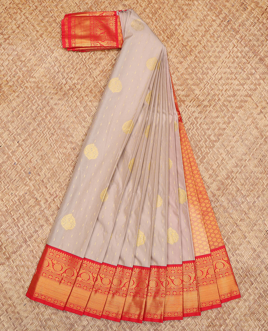 Grey Budget Silk Saree, Detailed with Zari Buttas, a Contrast Traditional Zari Border, Grand Pallu, and a Contrast Blouse